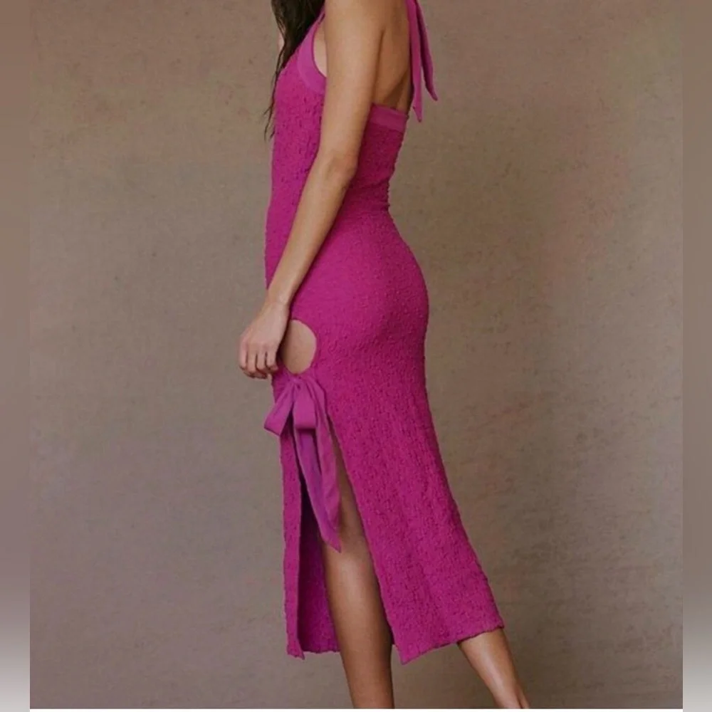 NWOT Free People Sea Foam textured midi dress bodycon tie neck and side slit